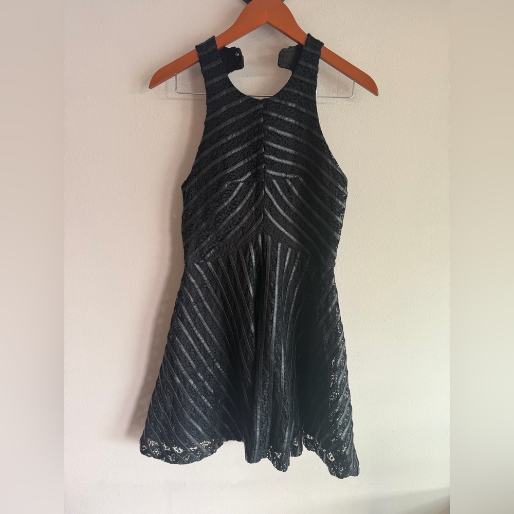 Angl Womens Black Lace Faux Leather Stripe Halter Fit Flare‎ Mini Dress M